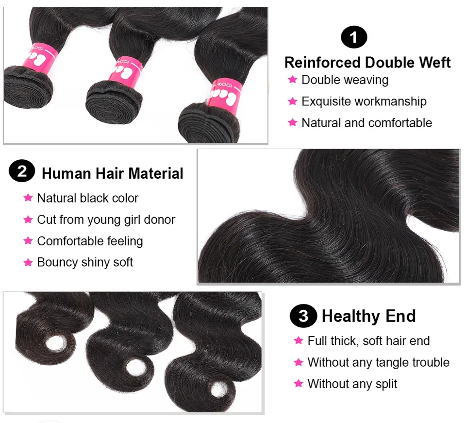 30 pollch Wave Body Human Hair 4 Bundle Tracciano i capelli indiani Weave GaGAqueen Natural Black 3pcs/Lot