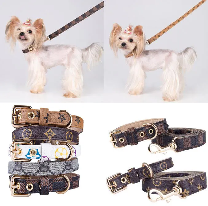 5styles Adjustable PU Leather Pet Collars Fashion Letters Print Old Flowers Leashes for Cat Dog Necklace Durable Neck Decoration Accessory Pets Supplies
