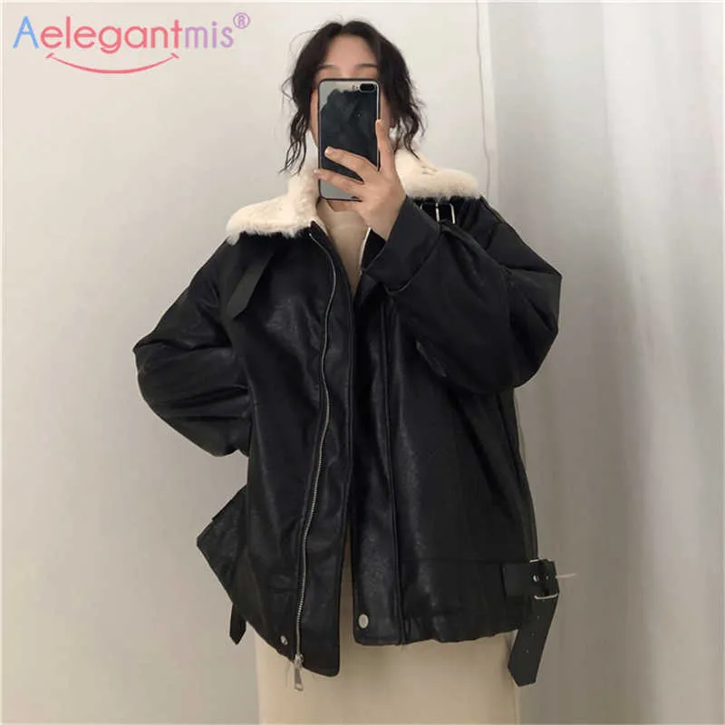 Aelegantmis Mode Winter Faux Pelzmantel Frauen Lederjacke Verdicken Warme Schwarz Oberbekleidung Weibliche Lose Plüsch Sherpa 210607