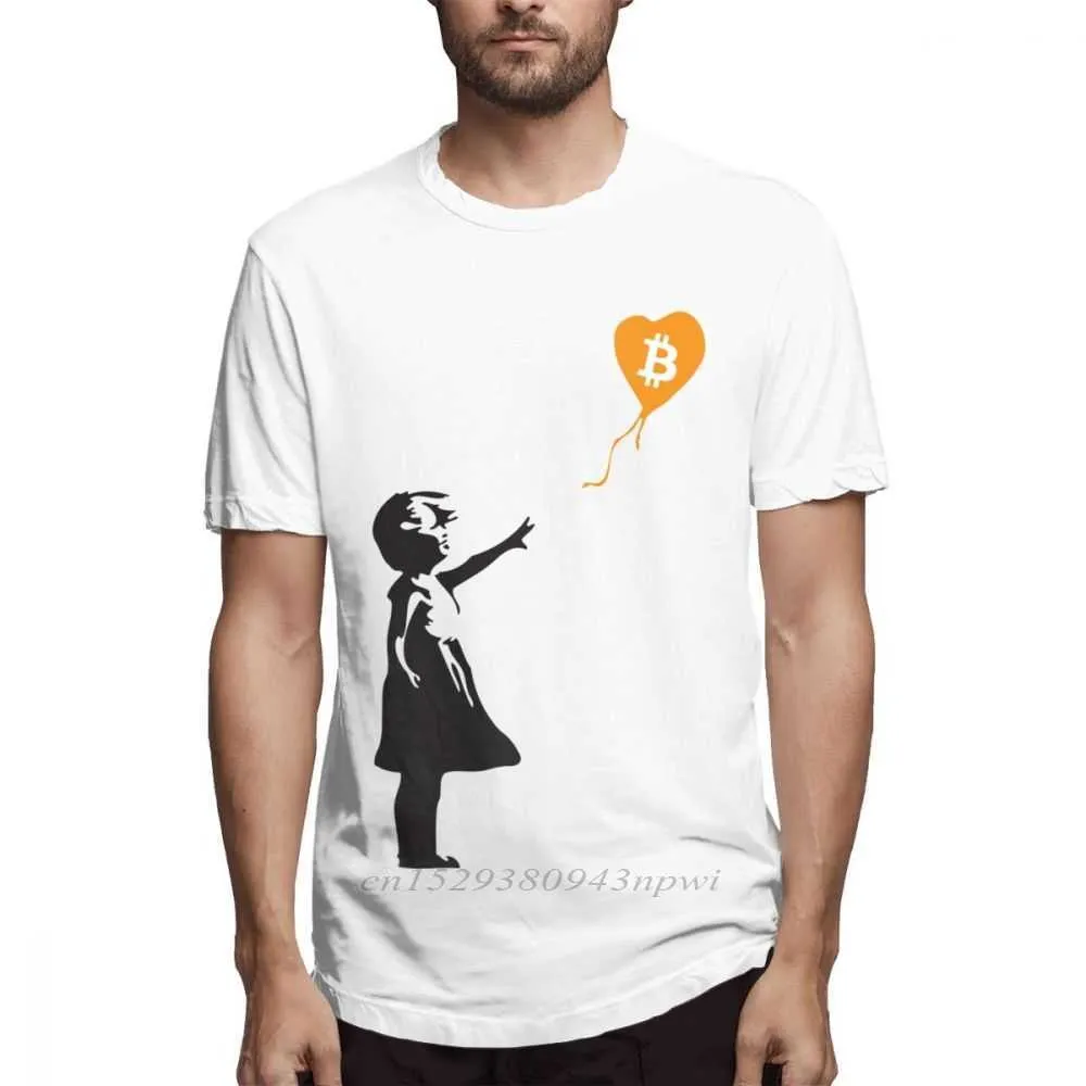Bitcoin Balloon Guys Banksyは男性のためのビットコインシリーズTシャツを愛しています夏のカジュアルストリートウェア100％コットンXS-3XLビッグサイズティーシャツ210623