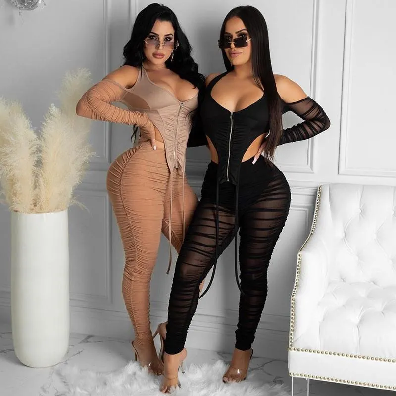 Stacked Mesh Two Piece Set Women Streetwear Off Shoulder Zipper Tops+High Waist Pants Skinny Slim Sexy Clubwear Outfits