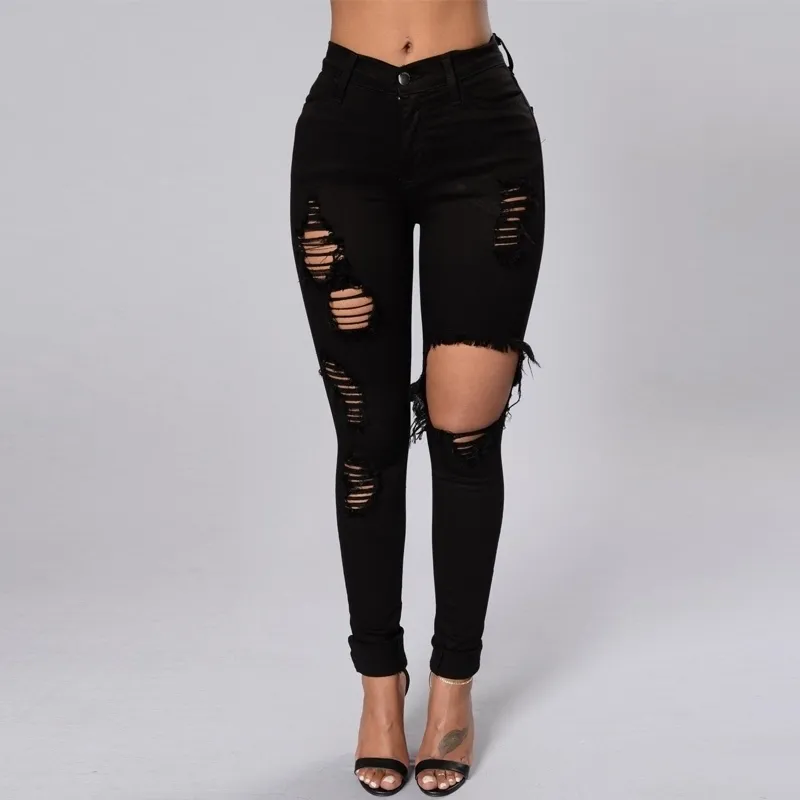Black Rasgado Jeans para Mulheres Denim Lápis Calças Calças Alta Cintura Esticão Skinny Jeans rasgados Jeggings Plus Size Roupas T200608