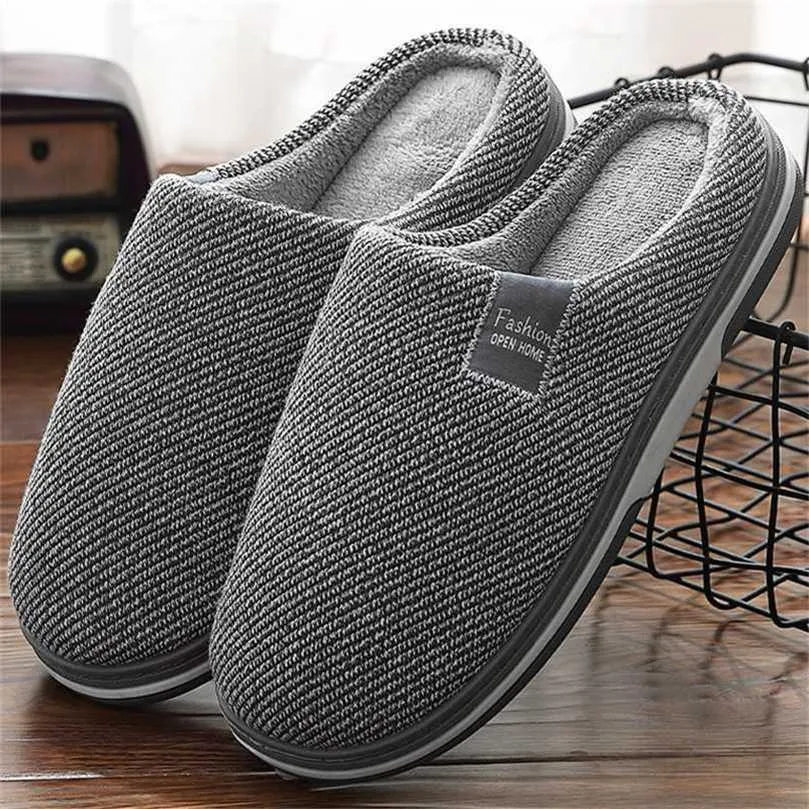 Men's Slippers Memory foam for home Winter Non Slip Male House Shoes Stripe Unisex Indoor plus size 11-12 211102