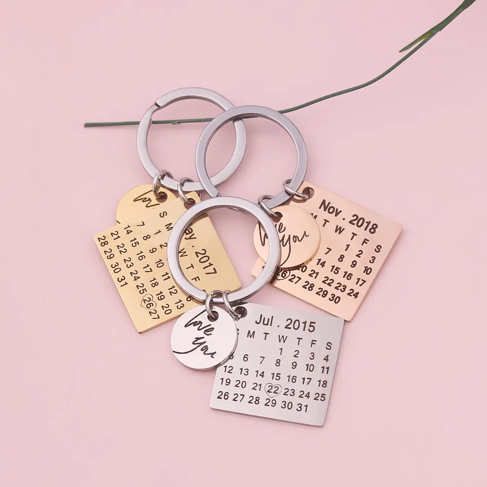 Porte-clés personnalisé avec calendrier, en acier inoxydable, gravé au Laser, Date spéciale, cadeau d'anniversaire, de mariage