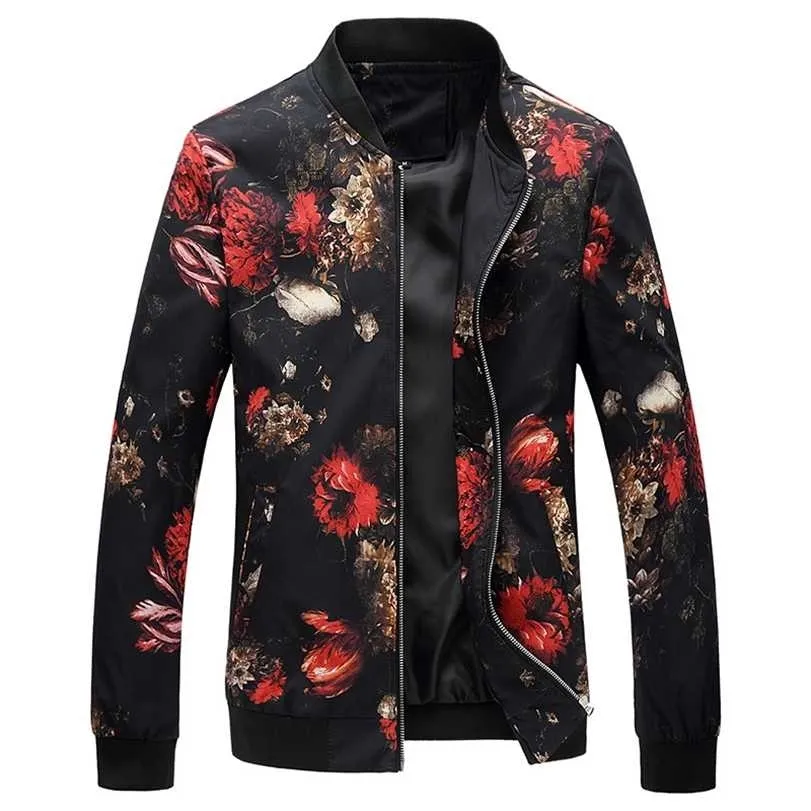 Men Floral Printed Fashion Slim Fit Mens Casual Jackets Long Sleeve Spring Autumn Bomber Jacket Windbreaker Coat Male 211214