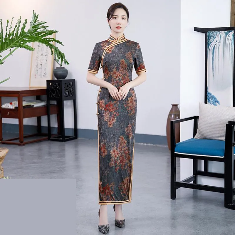 Vêtements ethniques Élégant Lady Imprimer Floral Qipao Sexy High Split Cheongsam Vintage Bouton Mandarin Collier Robe Chinoise Robe De Bal Vesti
