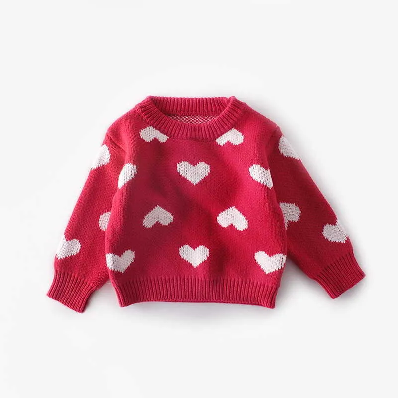 愛の心の赤ちゃんの女の子のセーターバレンタインデー赤長袖プリンセスコート服0-2歳E84008 210610