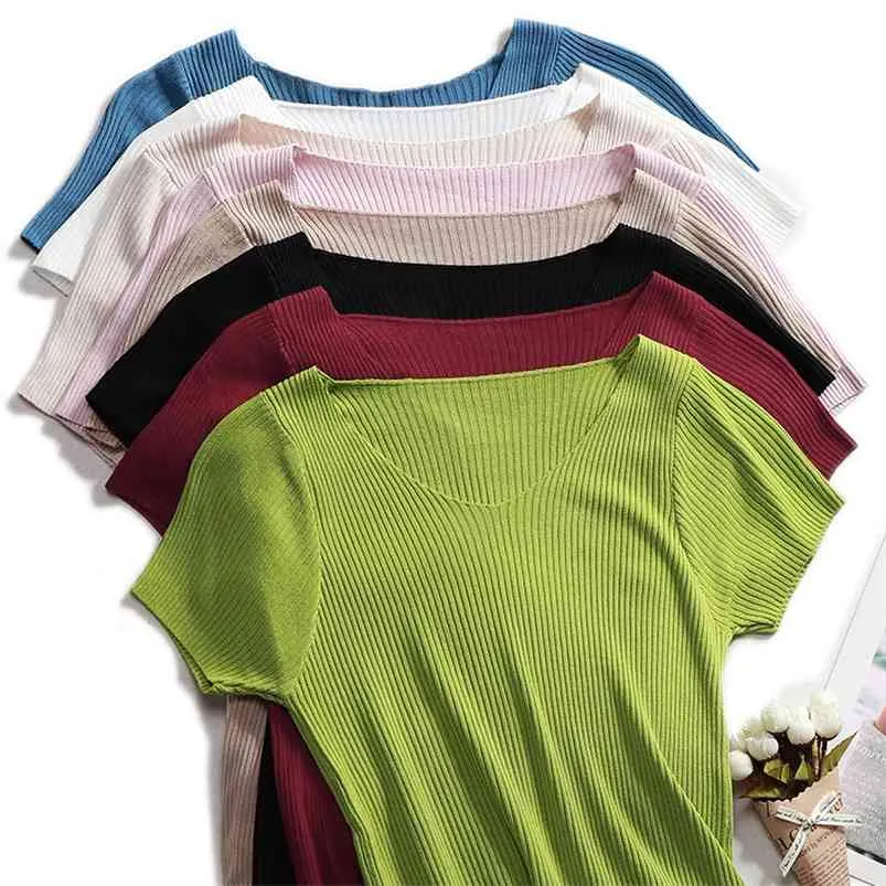 Swetry z dzianiny z krótkim rękawem z dzianiny sweter kobiety wiosna lato szczupły podstawowe stałe dorywczo baza żeński dziewiarskie koszule Korea 210812