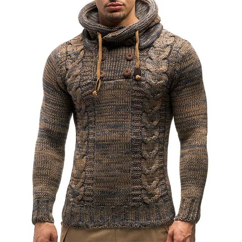 Mannen Mode Effen Kleur Gebreide Hooded Sweaters O-hals Lange mouw Slanke Fit Pullover Tops Herfst Winter 211221