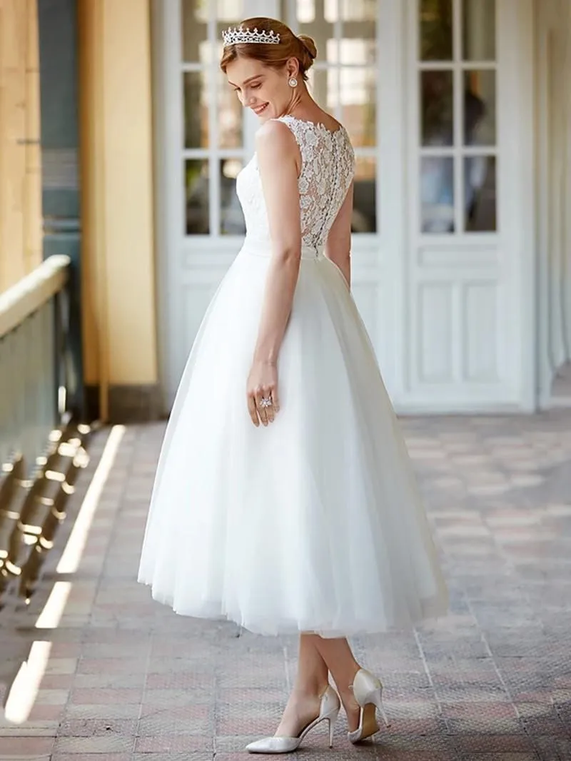 calf length lace wedding dresses A-line V Neck Half Sleeve Tea-Length Tulle Lace Wedding Dress With Bowknot - Wedding Dresses