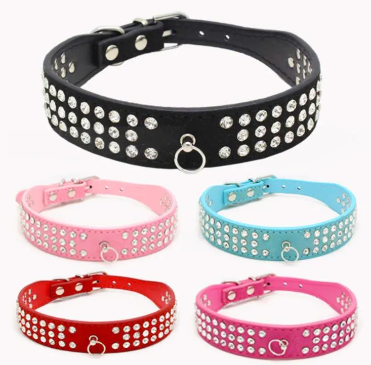 Długość zamszowa skóra Klejnoty Dżetów Pet Dogs Obroża Trzy Rzędy Świecące Kryształowe Diamenty Studded Puppy Dog Collar SN4729