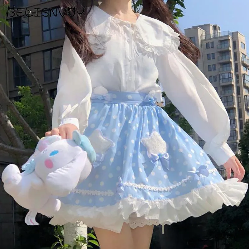 Kadın Bluzlar Gömlek Japon Lolita Tiki Tarzı Bahar Sonbahar Kadın Bluz Denizci Yaka ile Dantel Beyaz Blusa Sevimli Kawaii Tatlı Kız '
