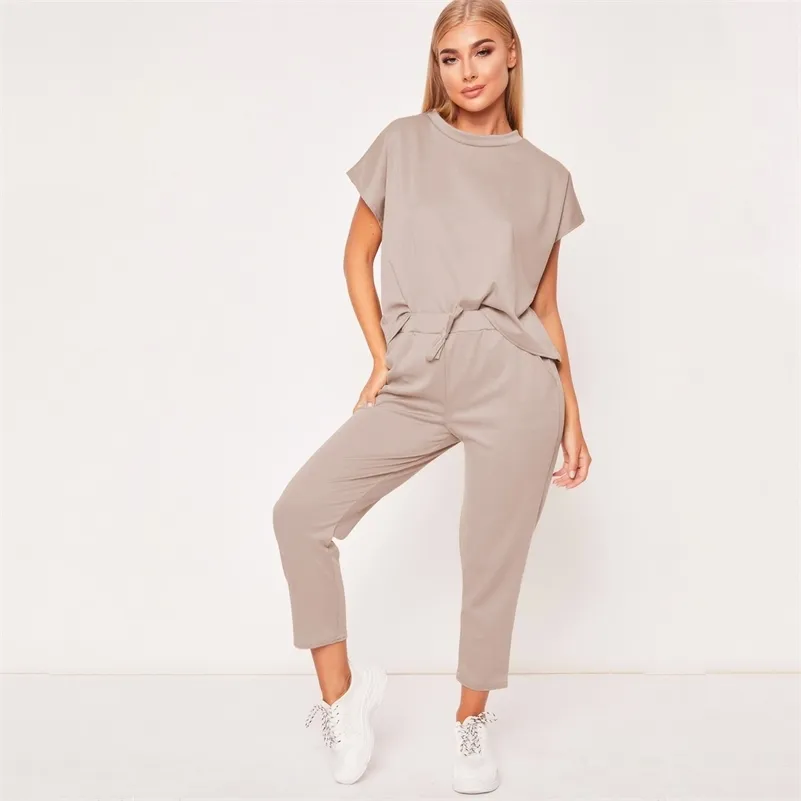 Plus Rozmiar Dwuczęściowy Garnitur Dla Kobiet Letni Garnitur Krótki Rękaw Solid Casual Dres Suit Sites Sportswear Garnitury Z Spodnie 210709