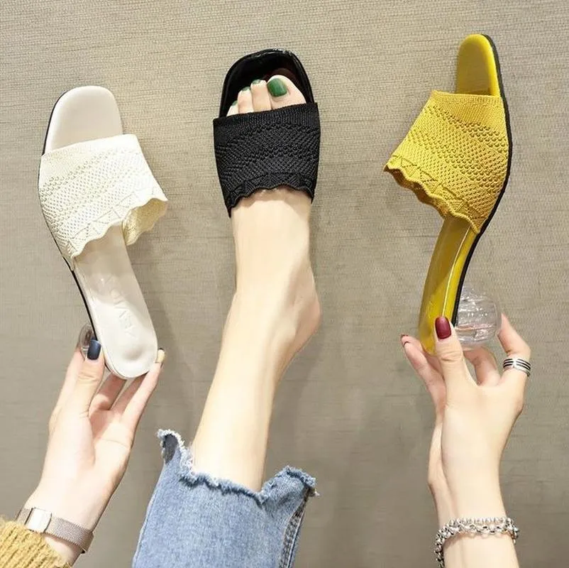 Slippers Knit Mesh Breathable High Heels Women 2021 Summer Heteromorphic Heel Knitting Fashion Ladies Shoes