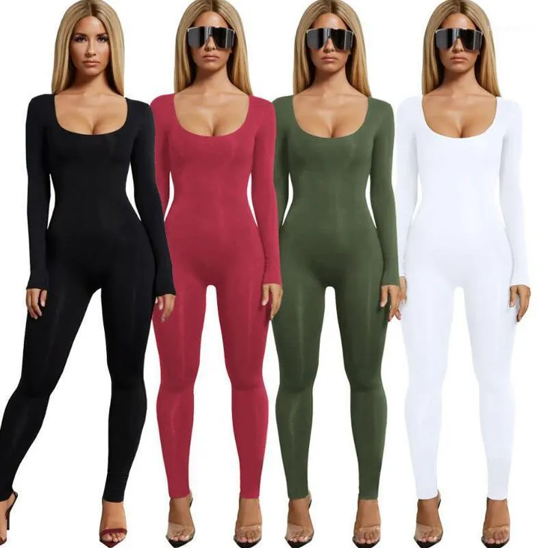 Women's Jumpsuits & Rompers Solid Color Women Casual Jumpsuit Skinny Milk Silk Romper Zipper Back O-neck Stretchy Long Sleeve Sexy Party Clu