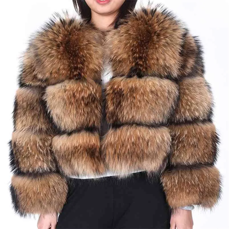 Maomaokong 겨울 여성의 진짜 모피 코트 자연 너구리 모피 재킷 고품질 모피 라운드 넥 따뜻한 여자 자켓 210816