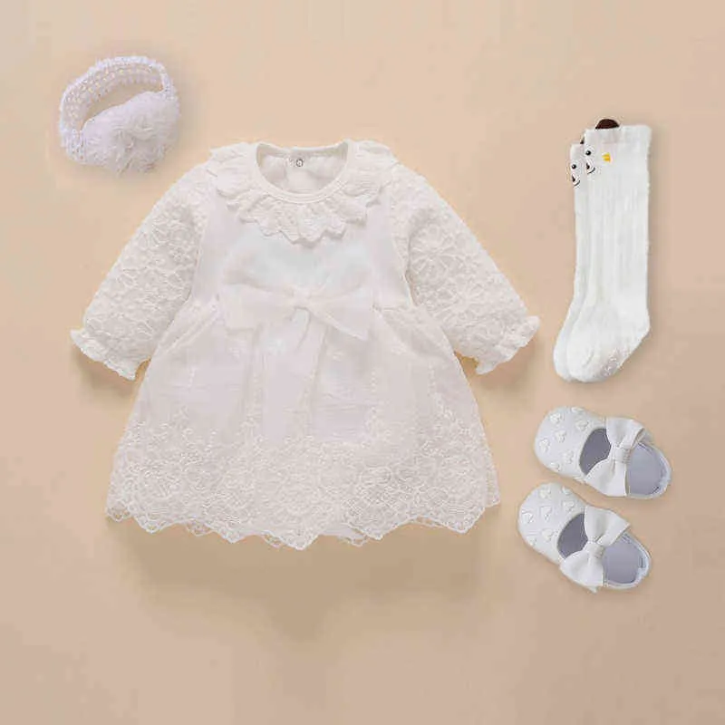 Nya spädbarnsdödkläder Nyfödd Baby Girl Dresses Bomull Princess 0 3 6 12 månader Baby Dopkläder G1129