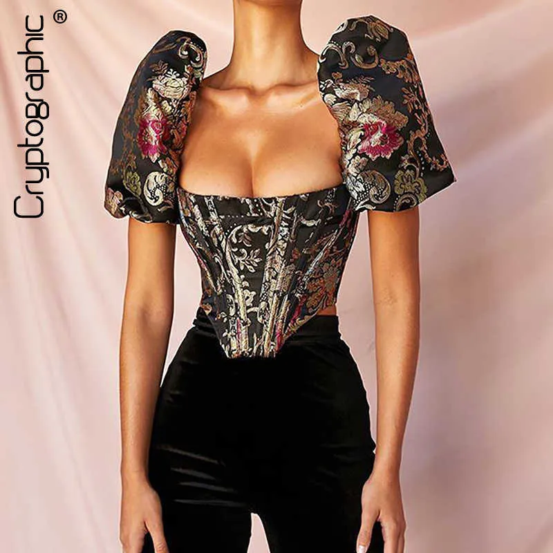 Cryptographique Col Carré Jacquard Désossé Bustier Crop Tops Chemise Manches Bouffantes Sexy Chemises Dos Nu Blouse Femmes Zipper Élégant 200924