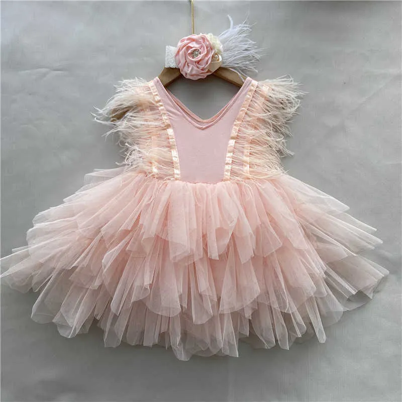 Korean Toddler Girls Feather tutu Dress With Headband for Party Cute 2 Years Old Outfit 2pcs Clothing Set 210529