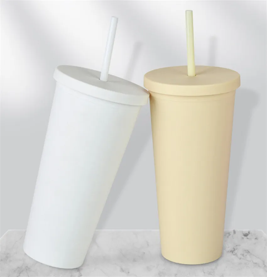 22oz Skin tumblers muggar Matte färgad akryl med lock och sugrör dubbel vägg plast resuable cup otie