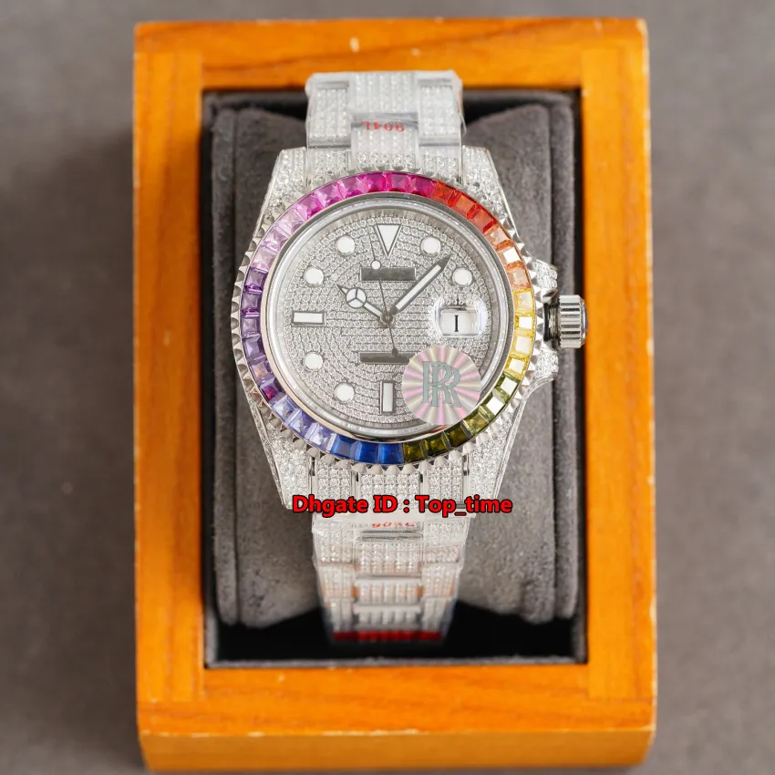 RRF Luksusowe Zegarki 41mm Iced Out Full Diamonds ETA2836 Automatyczny Zegarek Mens Sapphire Rainbow Bezel Diamentowy wybieranie Bransoletka ze stali nierdzewnej Gents Wristwatches