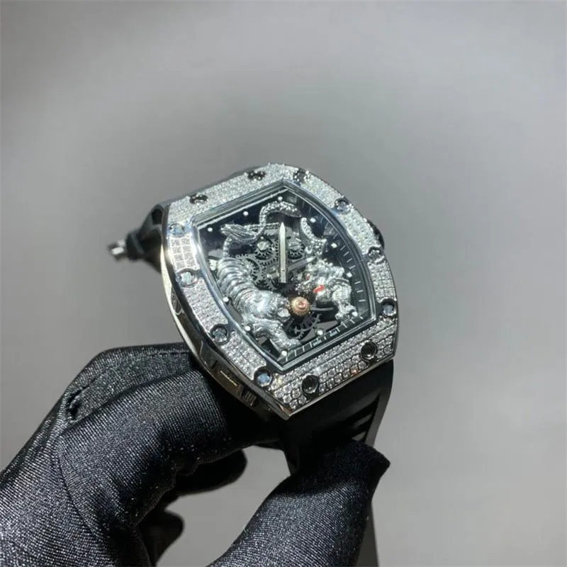 Men's Dragon Tiger flywheel mechanical full drill watch natural tape butterfly buckle 42mm