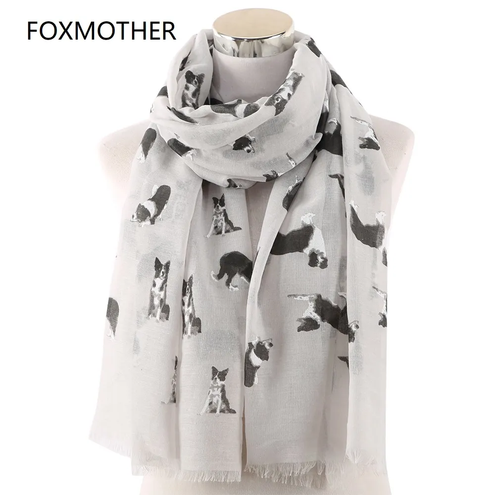 FoxMother Hafif Gri Beyaz Pet Çoban Baskı Eşarp Köpek Severler Için Şal Wrap Hayvan Atkılar Bayanlar