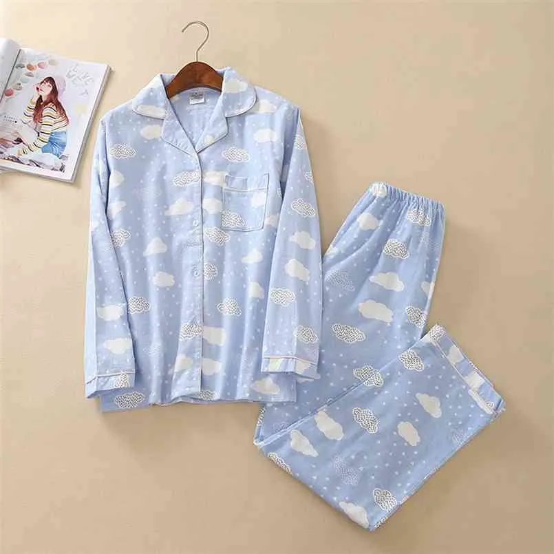JULY'S SONG Mujer Algodón Impresión Pijamas Pantalones de manga larga Conjunto Casual Tamaño grande Suave Ropa de dormir Traje 210809