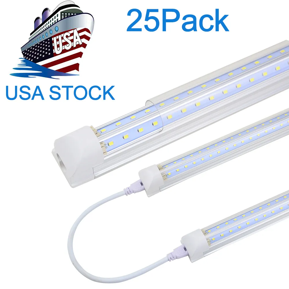 8ft LED -butik Ljusarmaturer 8 Foot Tube Lights Fixtur 6500K Super Bright White för garage Warehouse V Form High Output 25Pack