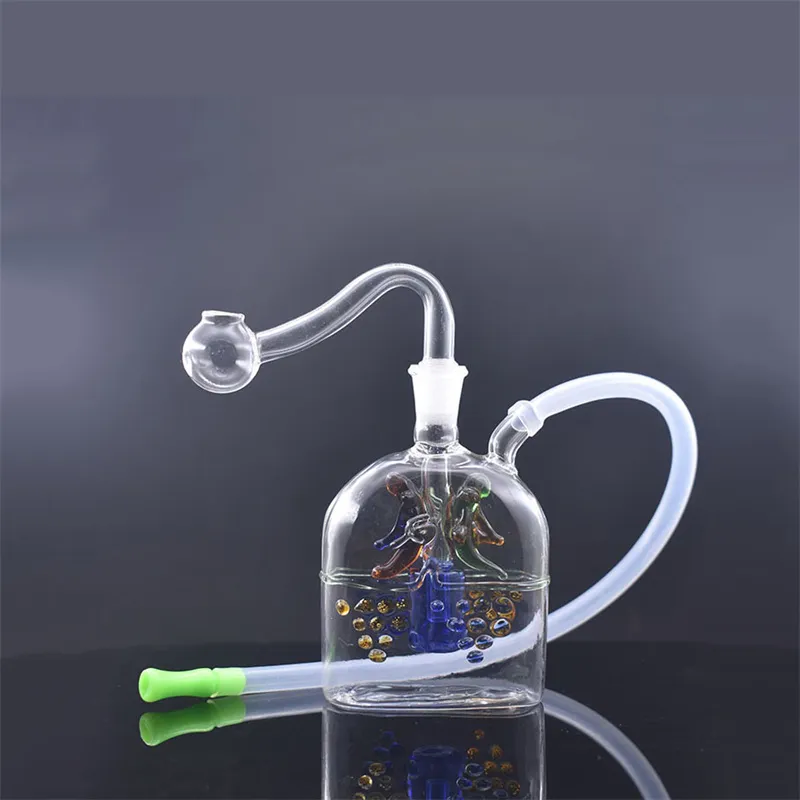 New Square Glass Oil Burner Bong Water Pipes with Recycler Mini Dab Rig Hand Bongs with 10mm Male Oils Burners Pipe and Hose