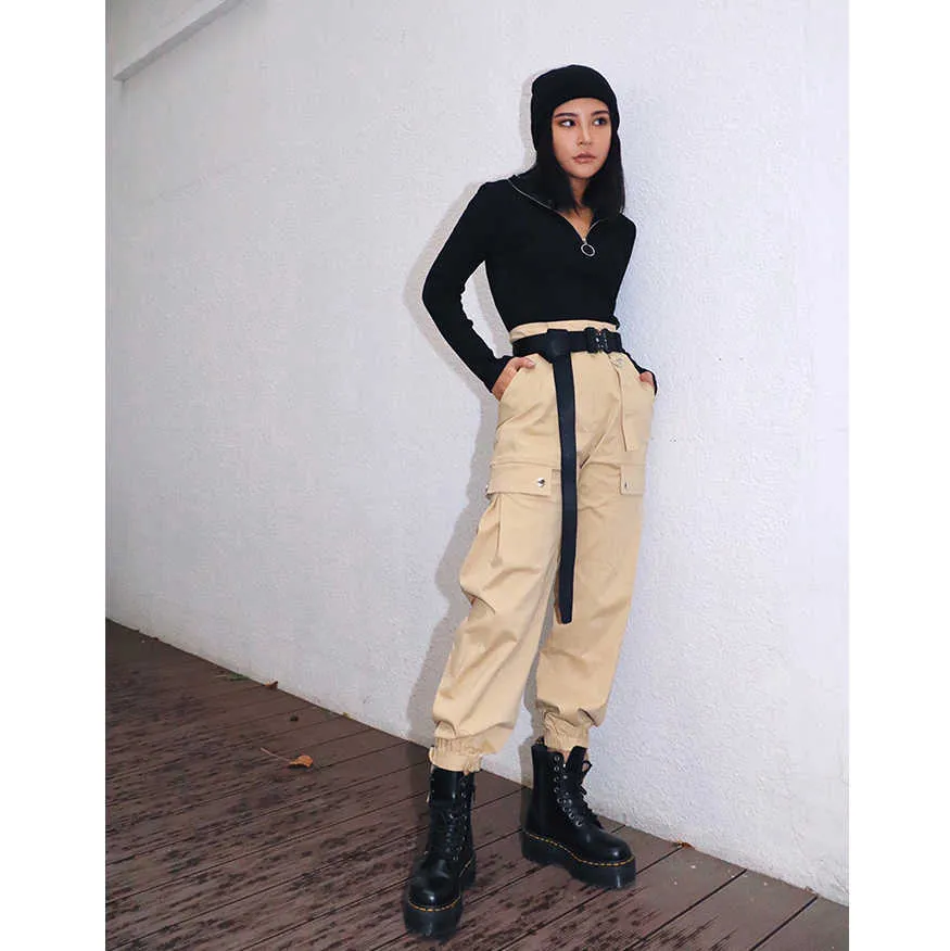 Streetwear Cargo Pants with Buckle Belt Women Casual Joggers Black Khaki Amy Green Ladies High Waist Loose Female Trousers 210608