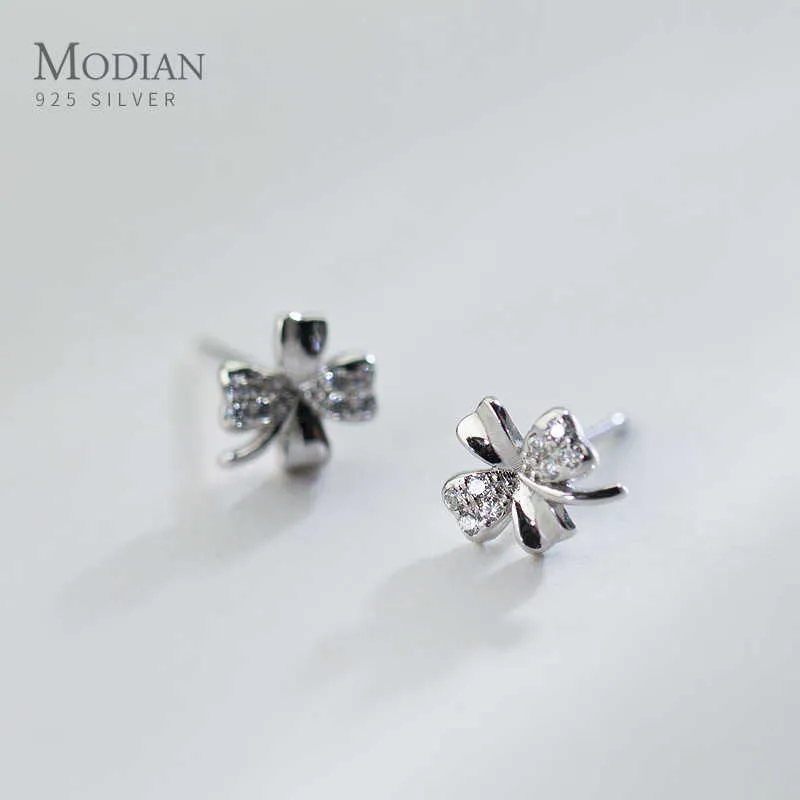 925 Sterling Silver Clear CZ Koniczyna Stadniny Kolczyki dla kobiet Prawdziwe Studia Ear Studia Fine Jewelry Brincos 210707