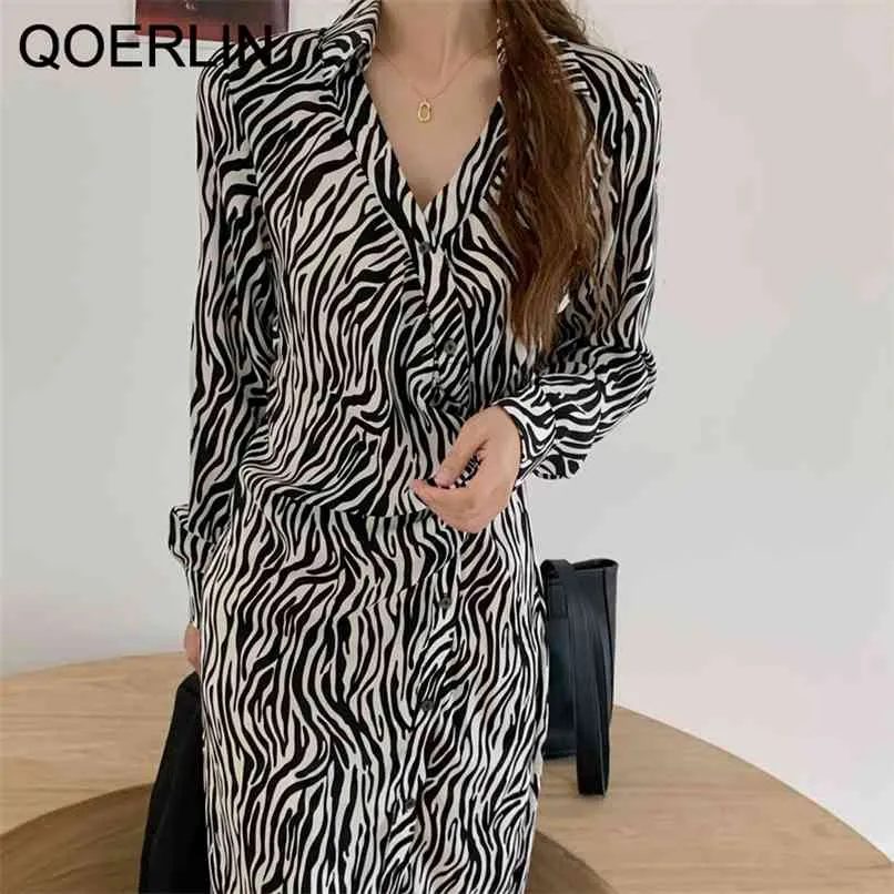Qoerin LapelボタンアップLeopardプリントサイドスリットMidi Dressファッションシックな長袖ドレスマキシプラスサイズ女性outfit 210601