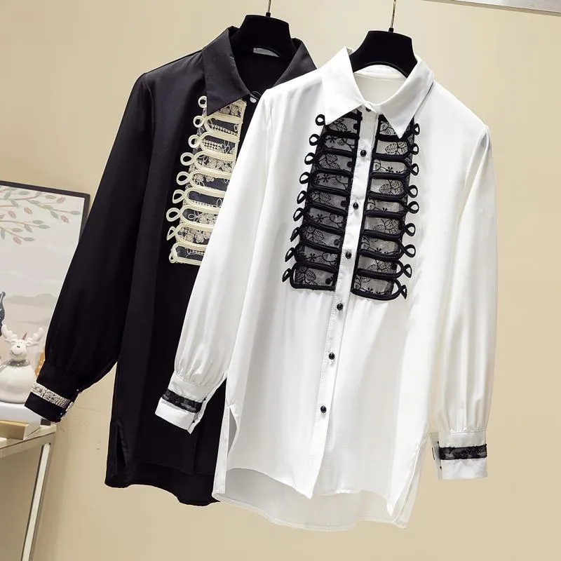 Women's Blouses & Shirts Plus Size 4XL Vintage Black White Summer Womens Sexy Lace Patchwork Single-breasted Elegant Long Office Lady Tops