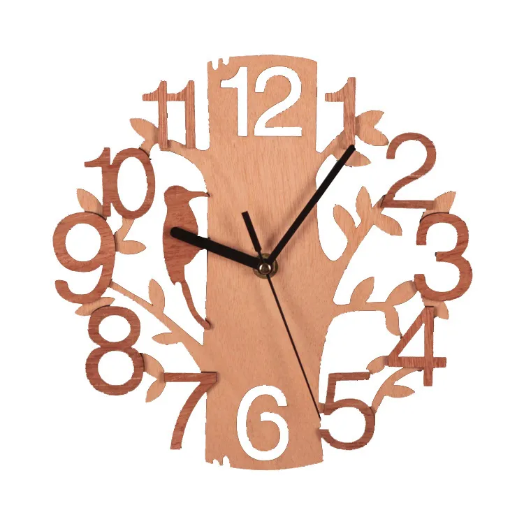 Creative Double Layer 3D Hollow Bird Tree Round Wooden Out Wall Clock Living Room Decor Home Office Ornament Gift Walls Watch
