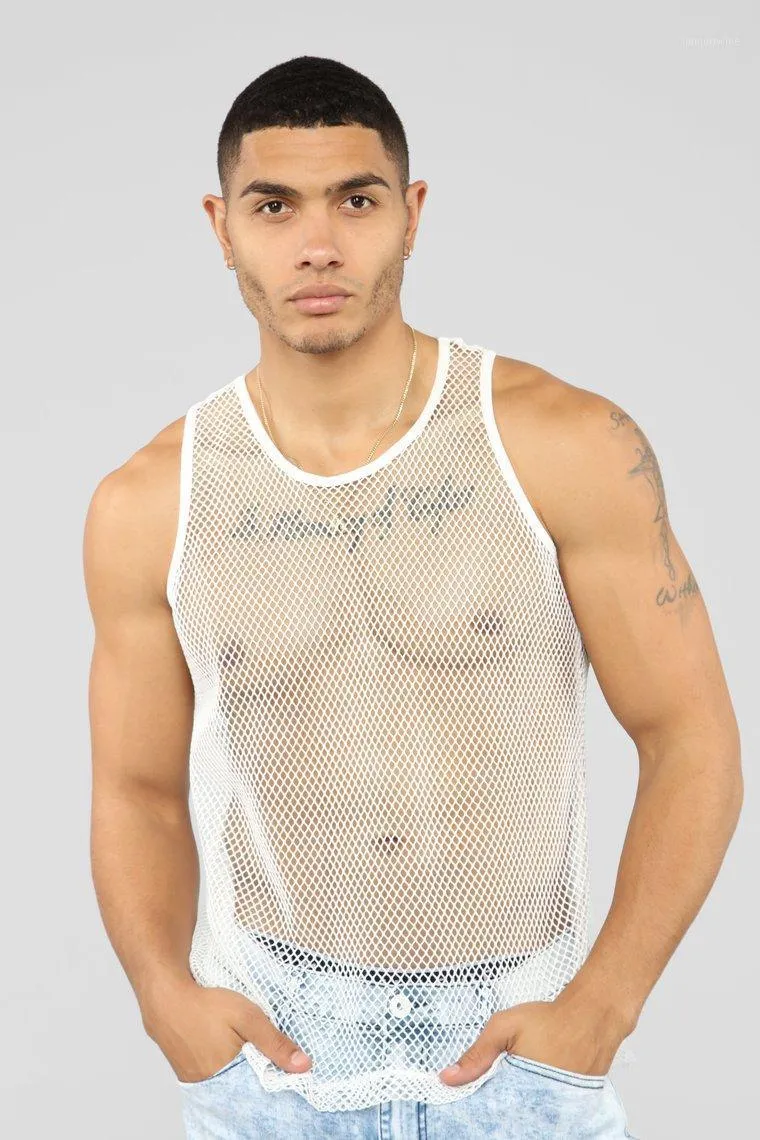 Tapetes de tanque dos homens Homens Summer Sexy Sheer Club Ver-se Fishnet Slim Fit Colete Sólido Ginásio Masculino Tanques Muscle Tee Tee Trajes