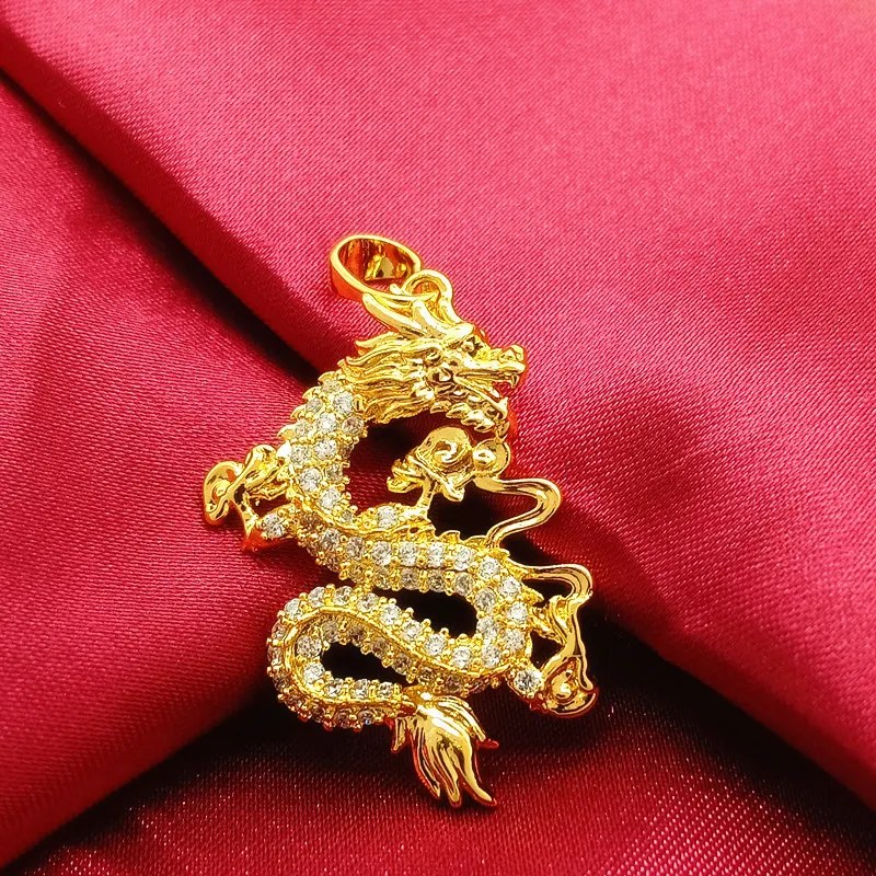 Hot Micro Inlaid Zircon Dragon Pendant Chain 18k Yellow Gold Fuded Womens Mens Pendant Necklace Present Present