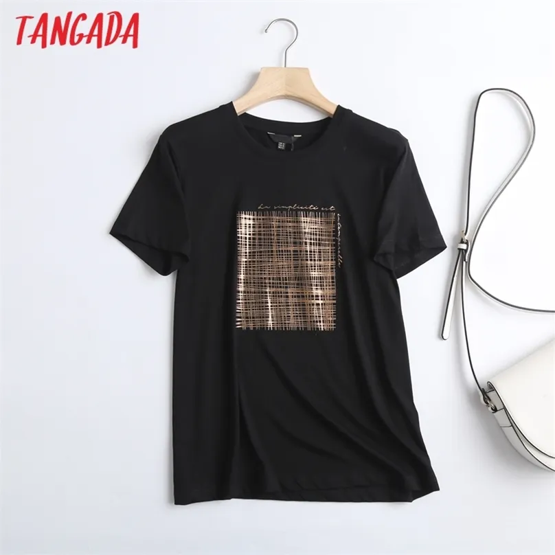 Tangada femmes noir lettre doré imprimé coton t-shirt à manches courtes t-shirts dames t-shirt décontracté Street Wear haut 6D04 210720