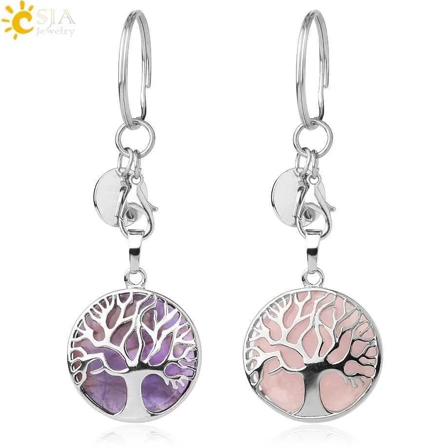 CSJA Natural Stone Original Keychains Tree of Life Keyring Silver Color Healing Crystal Car Decor Keyholder for Women Men G498 G1019