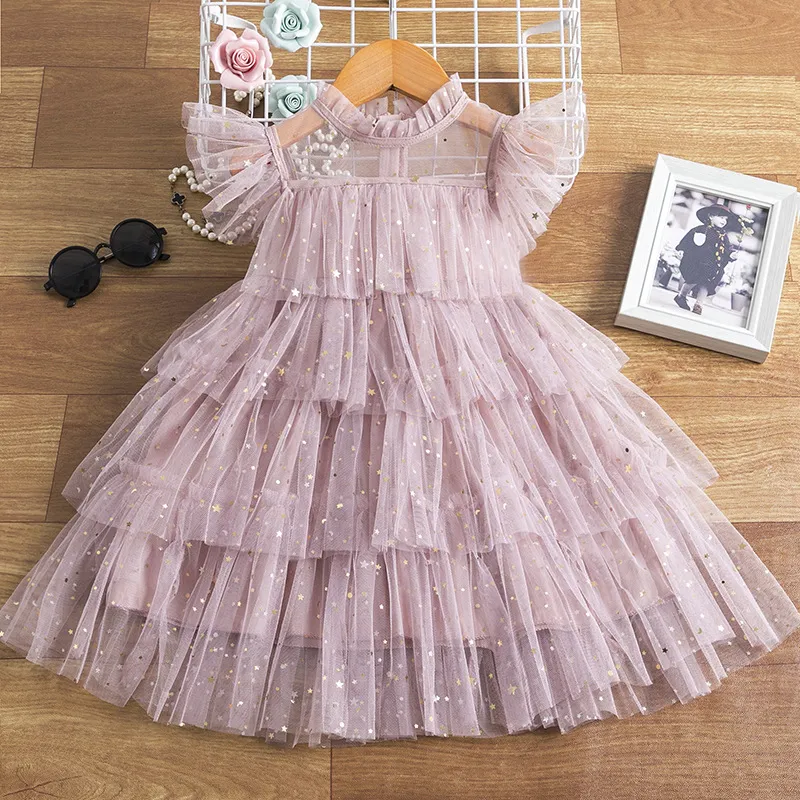 Sweet Girls star sequins gauze dresses summer kids lace falbala fly sleeve tiered tulle cake dress children princess clothings A7249