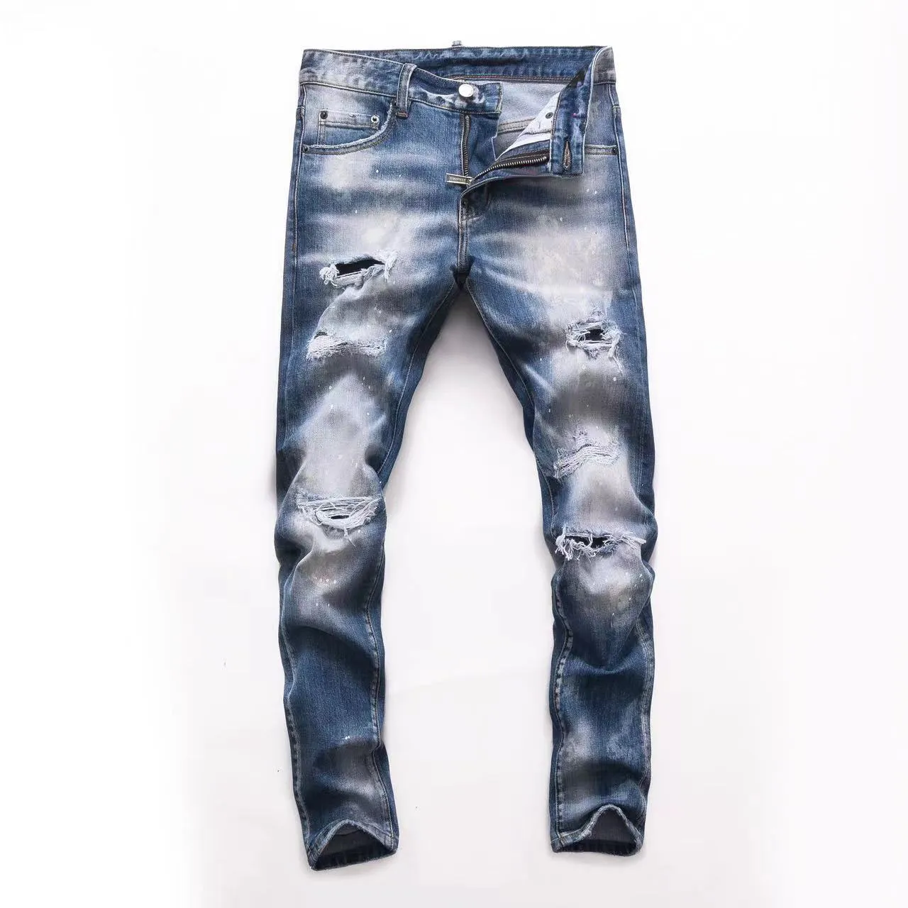 För Mens Vintage Passar Jean Distressed Patches Detalj Biker Fit Jeans Män