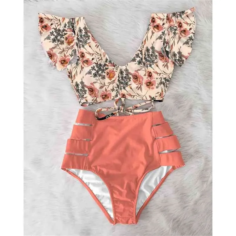 Hoge taille bikini ruche badmode vrouwen print sexy badpak push-up bikinis plus size badpakken bloemenstrand slijtage 210624