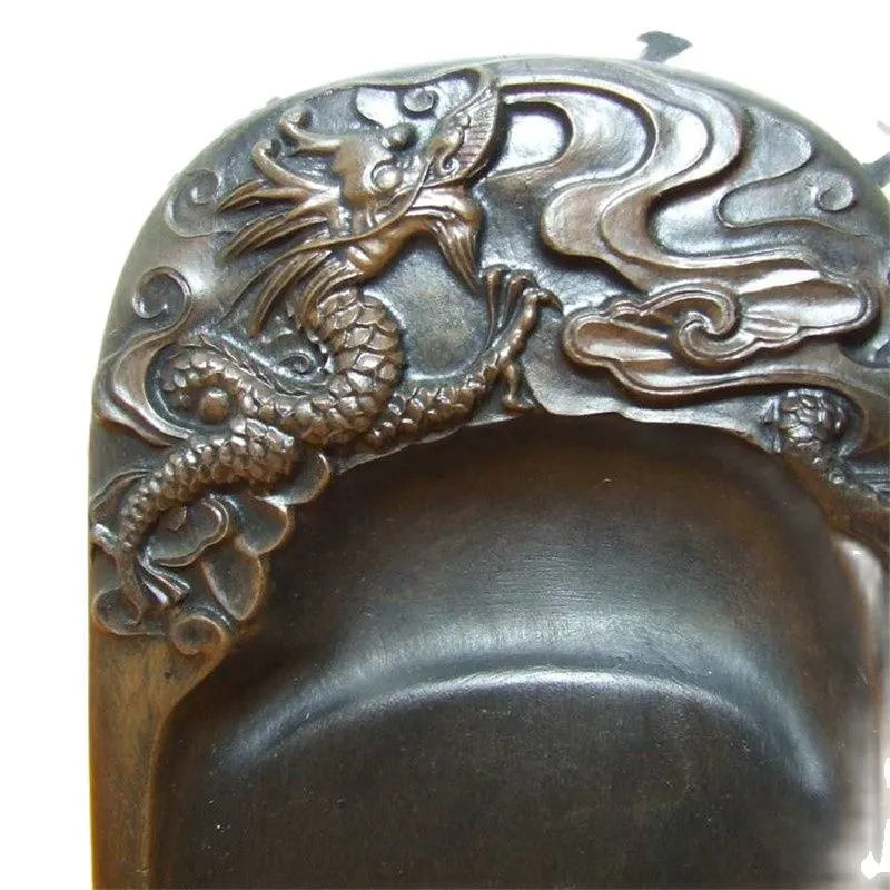 Pierre à encre chinoise ancienne Wa Shi, avec dragon sculpté exquis, 174a