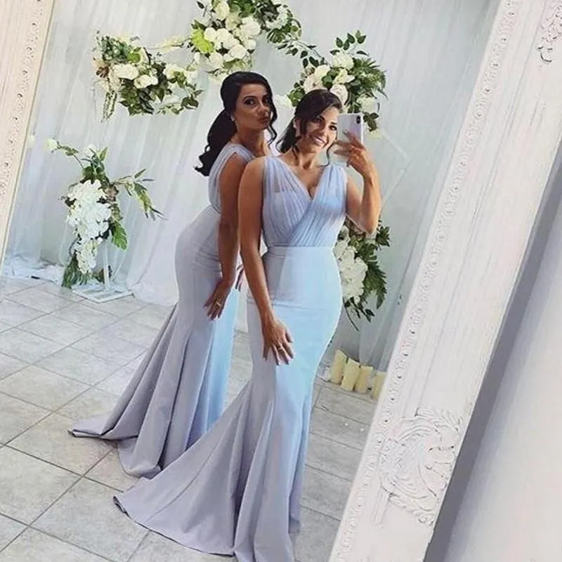 New Arrival Cheap Simple Baby Blue Mermaid Bridesmaid Dresses Long Deep V Neck Pleats Satin Tulle Maid of Honor Dress Sweep Train Satin Wedding Party Gowns