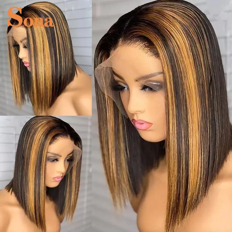 Pelucas de encaje transparente # 1B / 27 Highlight Bob Peluca 13X6 Pelucas de cabello humano frontal de encaje de color para mujeres Pre desplumadas