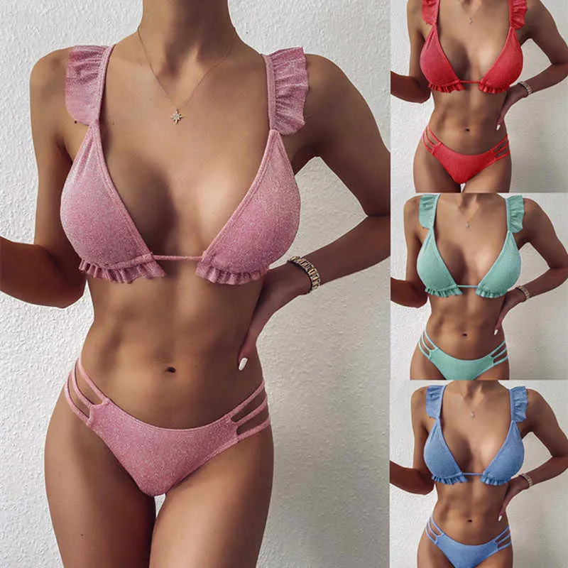 Sexy Bikin Set Ruffle Swimwear Swimsuits Mulheres Biquni Push Up Beachwear Sólida Brilhante Brilhante Ternos de Banho Escavar Bikinis 210604