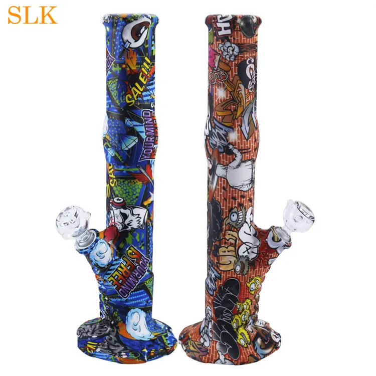 14.4 '' Waterleidingen Rechte Bong Non Fading Printing Patroon Siliconen Bongs DABS RUIP DIK GLAS BUBBLER ROKEN TOBACKO ROOKFILTER