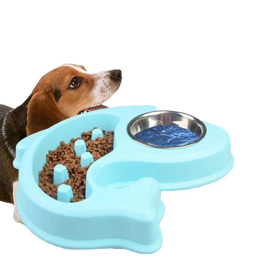 Dog Food Feeder 2 in 1 Drinking Water Fountain Feeding Bowls Anti-Choke Pet Dog Cat Dishes Stainess Steel Dog Slow Food Feeder
