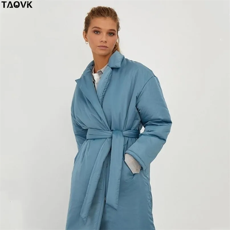 TAOVK femmes hiver épais Long manteau femme simple boutonnage coupe-vent taille large ceintures lâches chaud coton manteau 210923