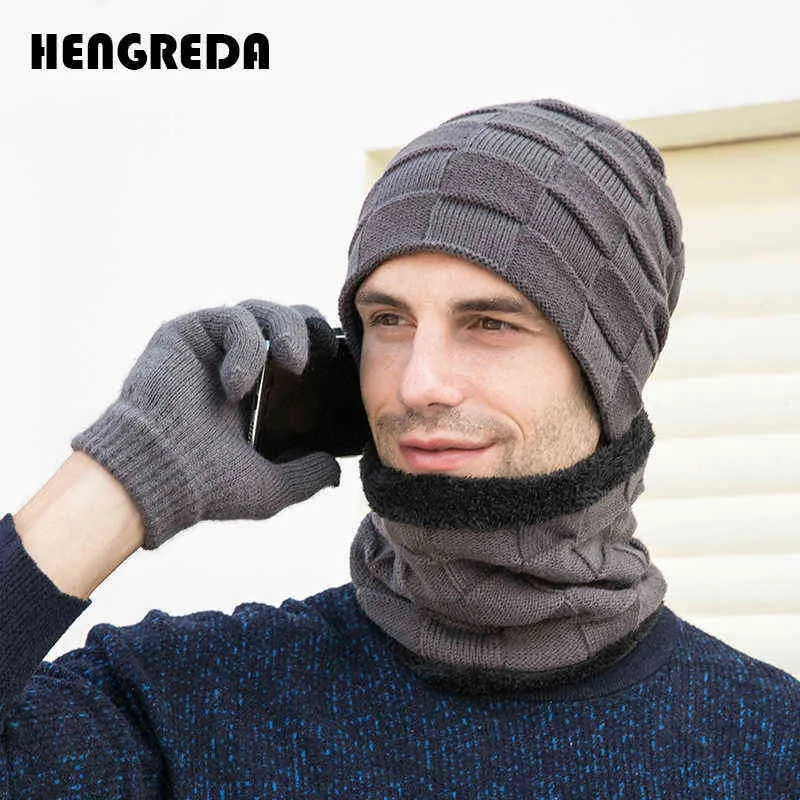 Winter Men Knit Beanie Hat with Neck Warmer Scarf Set 2-Piece Skull Cap Scarf with Fleece Lined ( no Golves ) Y21111